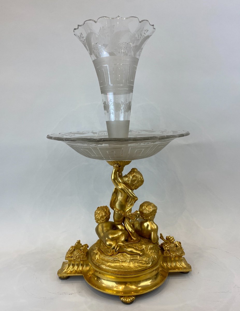 Grand Centre De Table En Cristal Taillé Et Bronze Doré De La Fin Du 19 ème Siècle.-photo-6