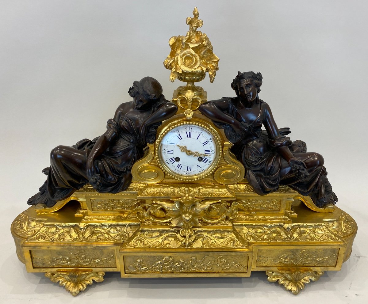 Grande Garniture De Cheminée,  En Bronze Doré Et Patiné Par Henri PICARD, Paris, Vers 1870-photo-2