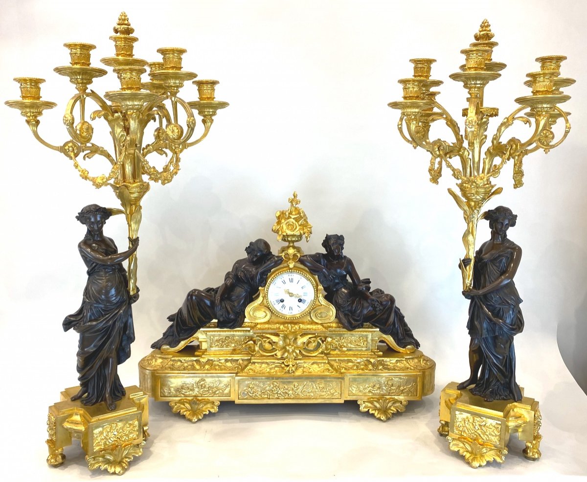 Grande Garniture De Cheminée,  En Bronze Doré Et Patiné Par Henri PICARD, Paris, Vers 1870-photo-5