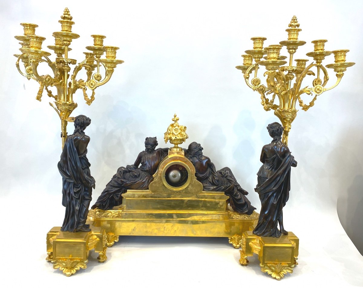 Grande Garniture De Cheminée,  En Bronze Doré Et Patiné Par Henri PICARD, Paris, Vers 1870-photo-6