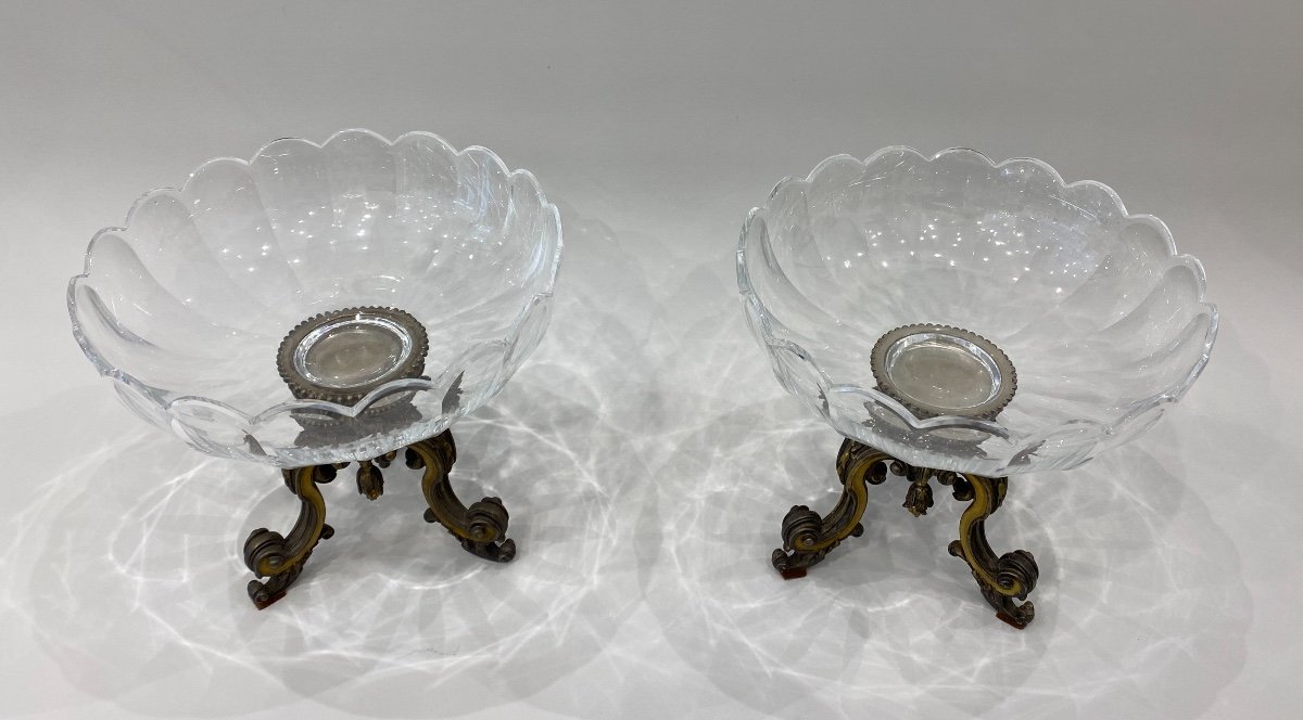 Paire De Coupes En Cristal Et Bronze Doré Et Argenté, époque Napoléon III-photo-2