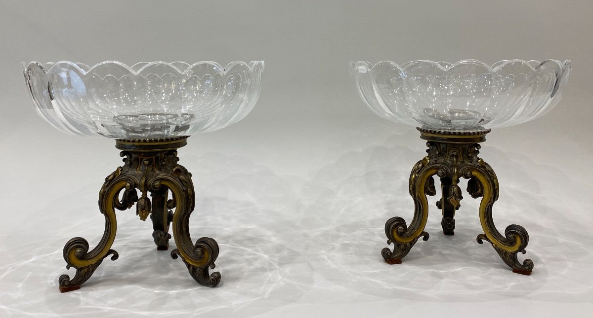 Paire De Coupes En Cristal Et Bronze Doré Et Argenté, époque Napoléon III