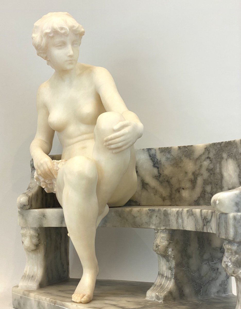 Jeune Fille Regardant Des Colombes, Sculpture En Albâtre Par Vittorio Caradossi (1861-1918)-photo-2