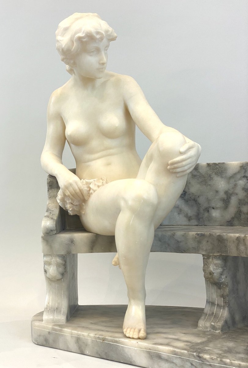Jeune Fille Regardant Des Colombes, Sculpture En Albâtre Par Vittorio Caradossi (1861-1918)-photo-2
