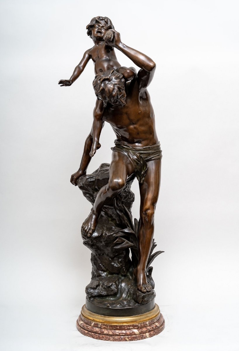 Sculpture Représentant Un Homme à l'Enfant Par Gaston Veuvenot Leroux (1854- 1942)-photo-4
