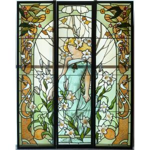 Art Nouveau Stained-glass Window, Woman With Lilies