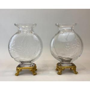 Paire De Vases  Japonisant En Cristal De Baccarat Et Monture En Bronze Doré, Circa 1890