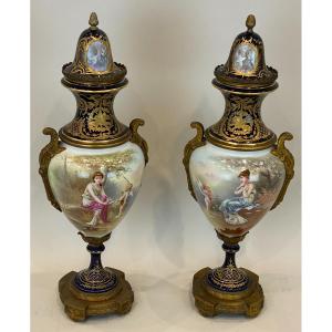 Pair Of Ormolu-mounted Sèvres Porcelaine Blue-ground Vases And Covers, Circa 1880