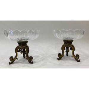 Paire De Coupes En Cristal Et Bronze Doré Et Argenté, époque Napoléon III