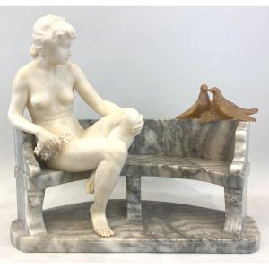 Young Girl Watching Doves, Alabaster Sculpture By Vittorio Caradossi (1861-1918)