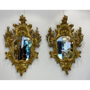 Pair Of Italian Mirrors In Golden Wood, 18th Century