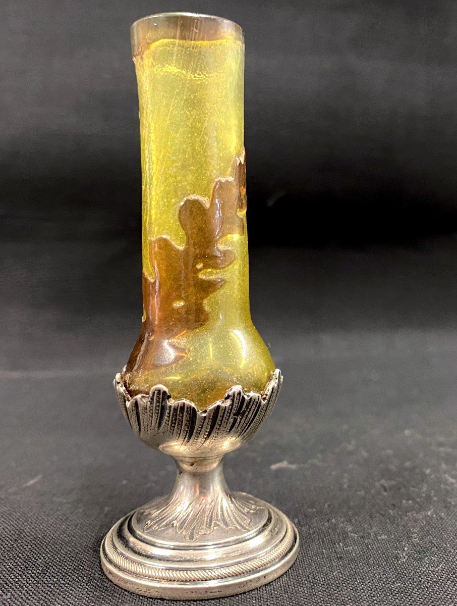 Gallé Ou Daum - Soliflore Vase Cleared With Acid With Oak Leaf Decoration On A Silver Foot-photo-1