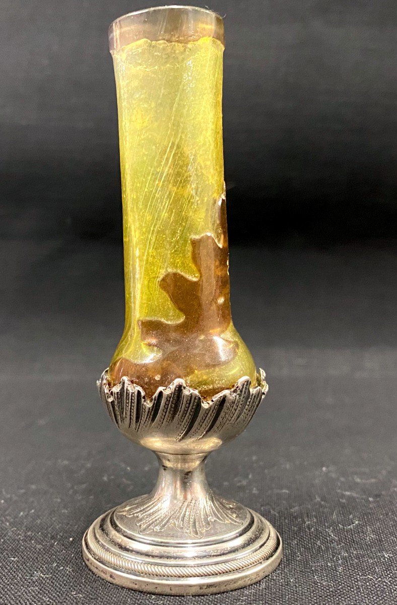 Gallé Ou Daum - Soliflore Vase Cleared With Acid With Oak Leaf Decoration On A Silver Foot-photo-2