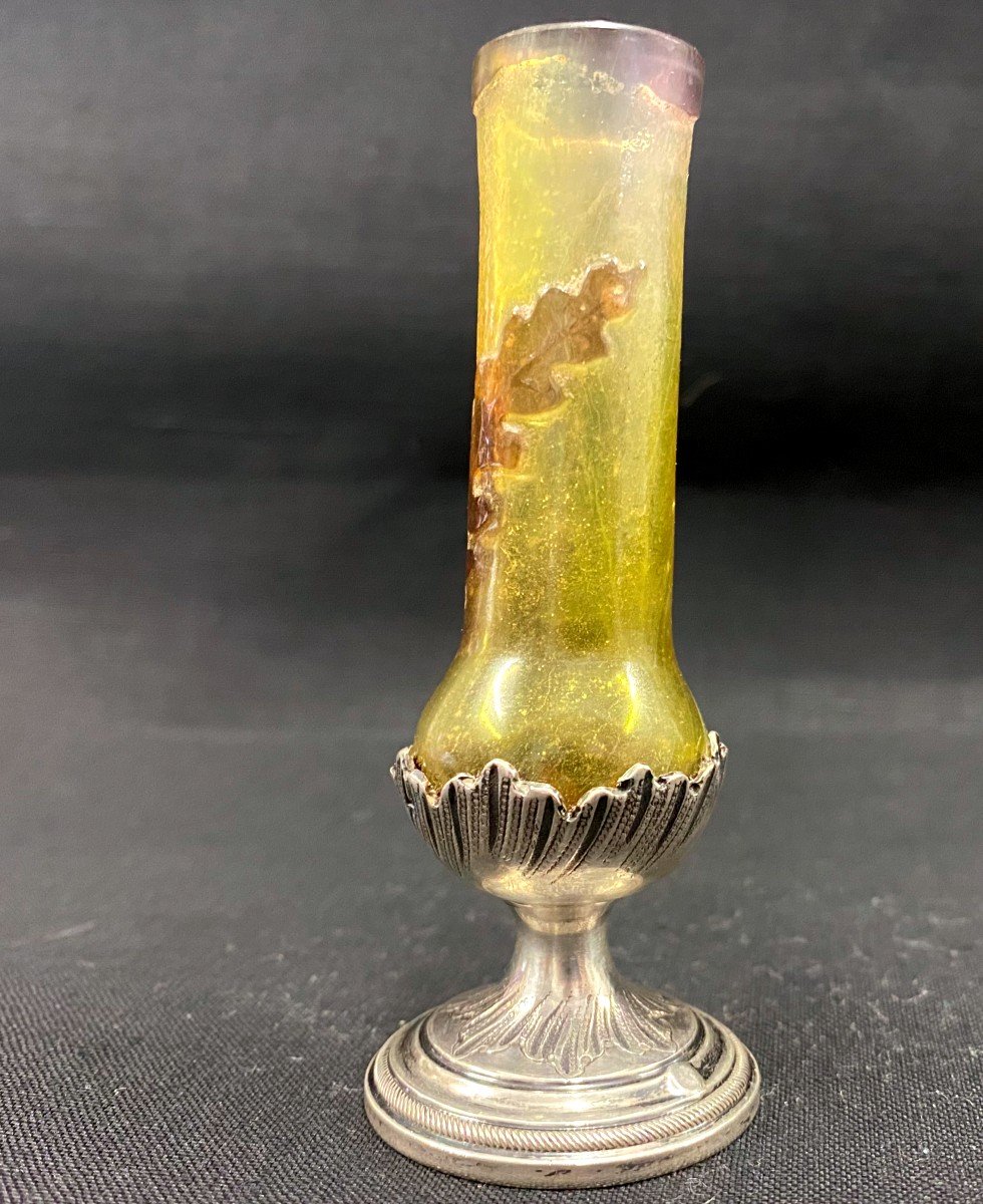 Gallé Ou Daum - Soliflore Vase Cleared With Acid With Oak Leaf Decoration On A Silver Foot-photo-3