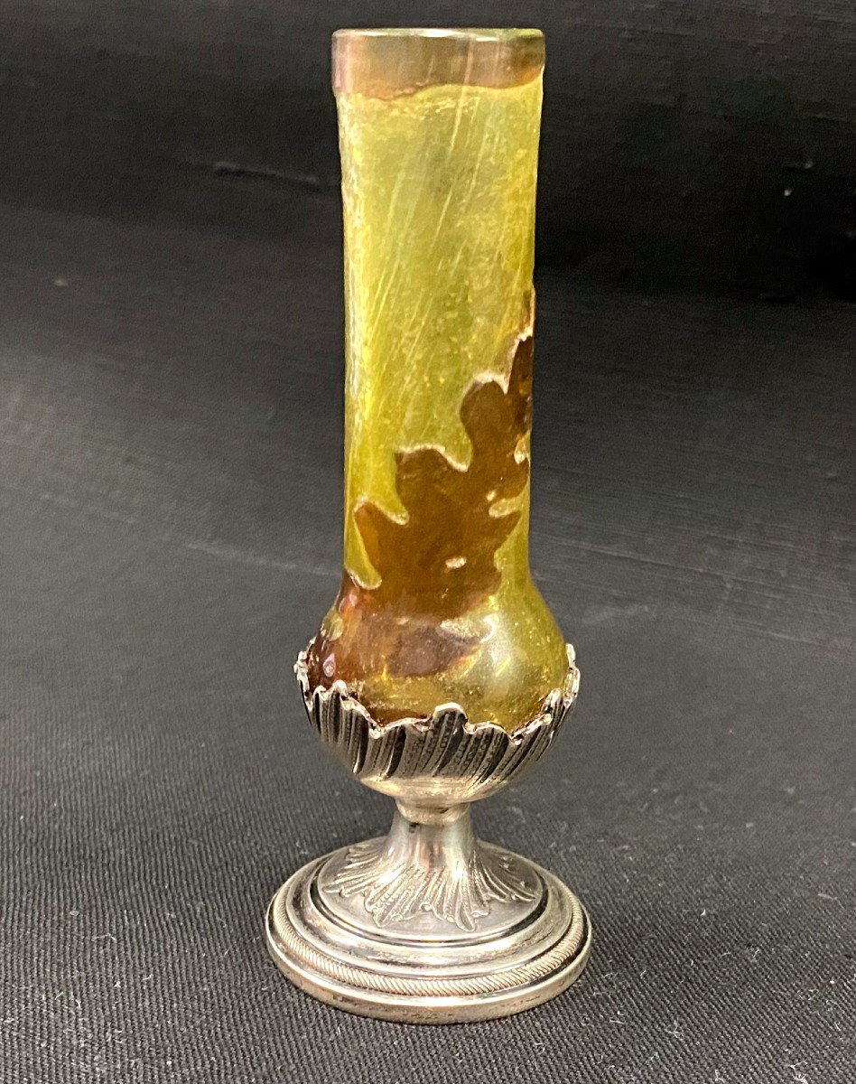 Gallé Ou Daum - Soliflore Vase Cleared With Acid With Oak Leaf Decoration On A Silver Foot-photo-4