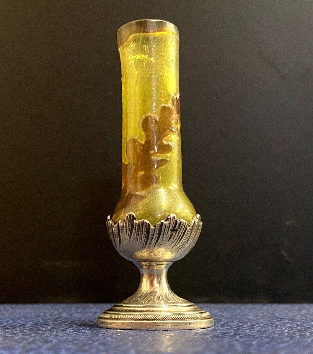 Gallé Ou Daum - Soliflore Vase Cleared With Acid With Oak Leaf Decoration On A Silver Foot