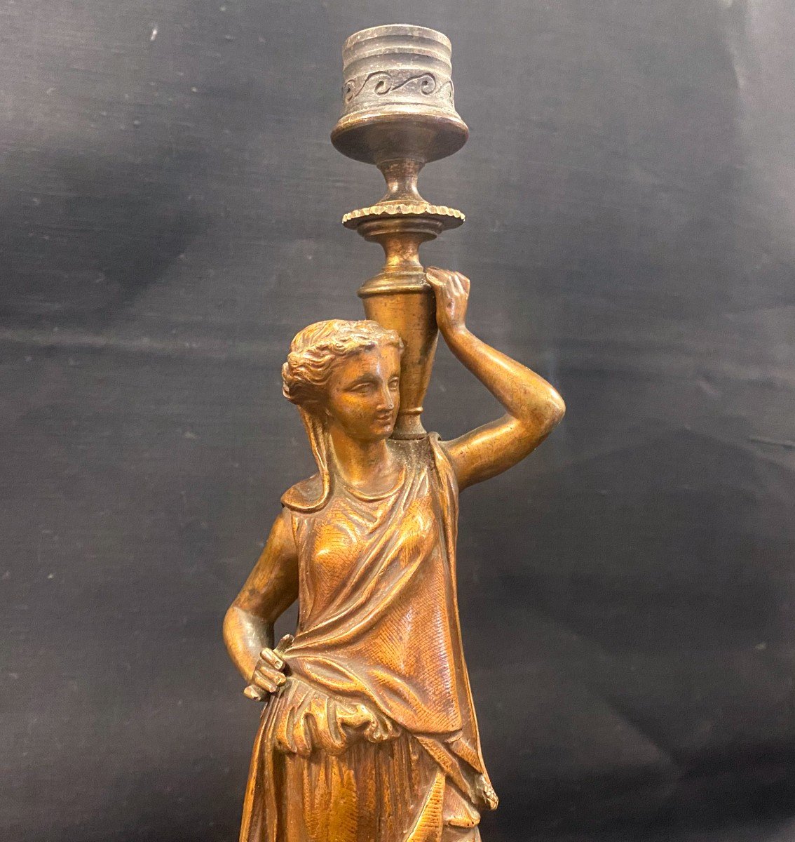 Flambeau / Candlestick - Woman With A Draped Bronze Louis XVI Style - 19th-photo-4