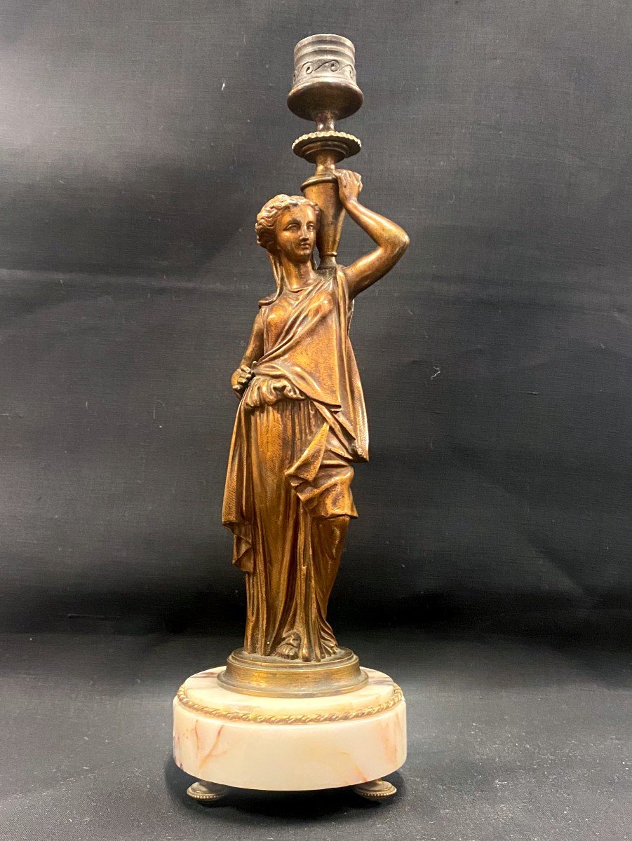 Flambeau / Candlestick - Woman With A Draped Bronze Louis XVI Style - 19th