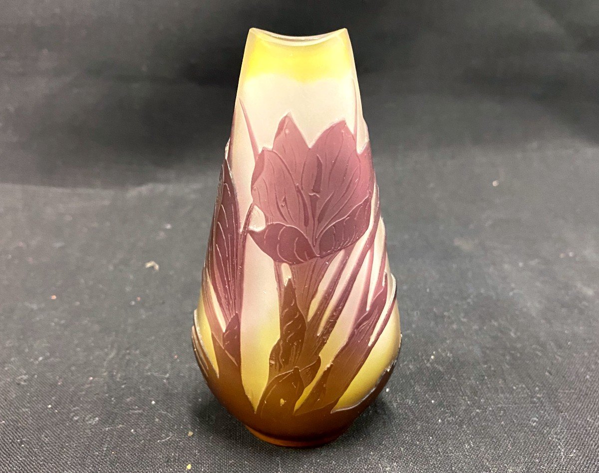 Galle - Vase Aux Lys En Verre Multicouche Dégagé à l'Acide- XX - Art Déco-photo-4