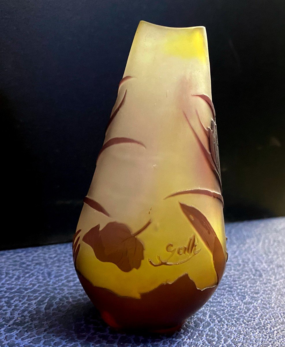 Galle - Vase Aux Lys En Verre Multicouche Dégagé à l'Acide- XX - Art Déco-photo-1