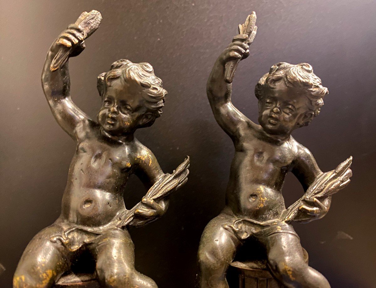 Pair Of Cupids In Patinated Bronze On Marble Base - Late 19th Century-photo-2
