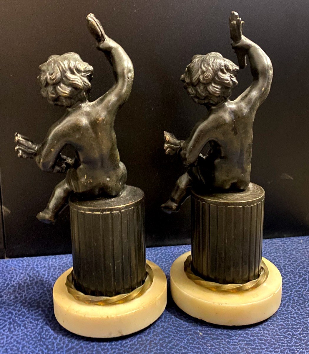 Pair Of Cupids In Patinated Bronze On Marble Base - Late 19th Century-photo-3