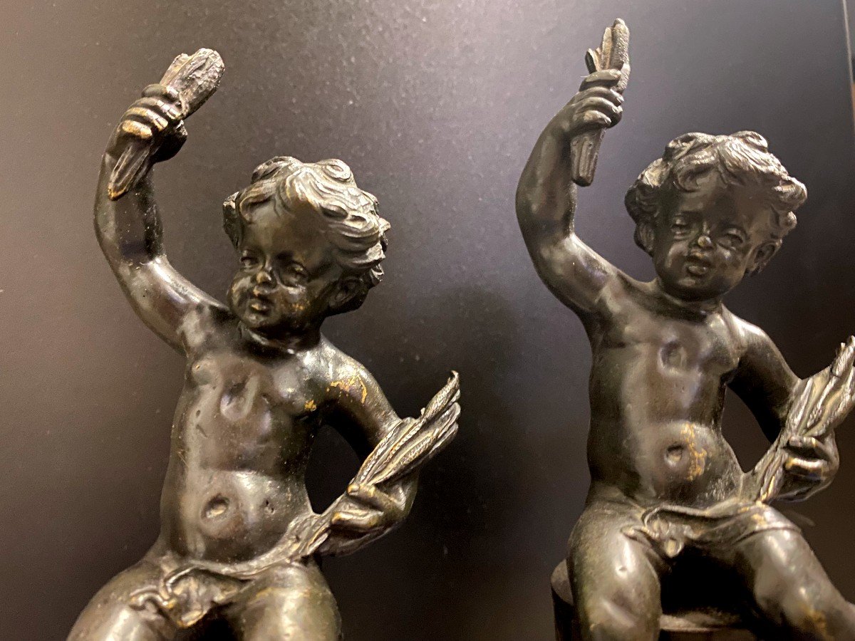 Pair Of Cupids In Patinated Bronze On Marble Base - Late 19th Century-photo-4
