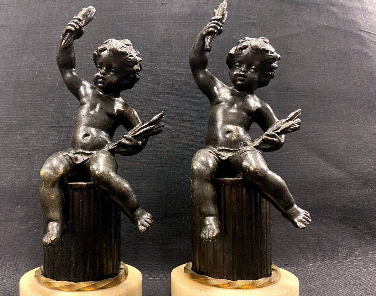 Pair Of Cupids In Patinated Bronze On Marble Base - Late 19th Century-photo-1