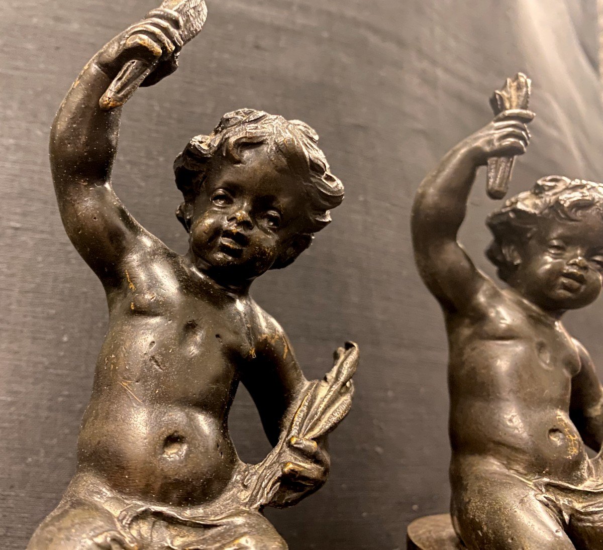 Pair Of Cupids In Patinated Bronze On Marble Base - Late 19th Century-photo-2