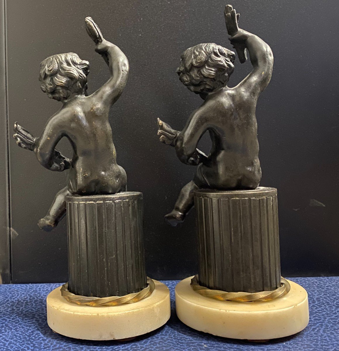 Pair Of Cupids In Patinated Bronze On Marble Base - Late 19th Century-photo-6