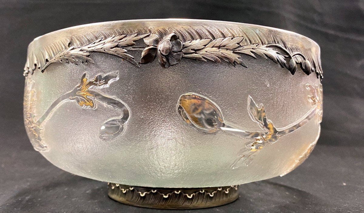 Daum Nancy - Anemones - Glass Cup Cleared With Acid, Enhanced With Gold, Silver Strapping-photo-2