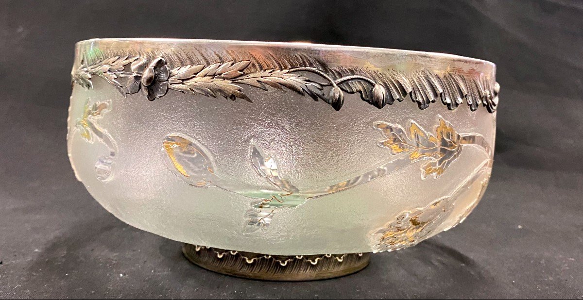 Daum Nancy - Anemones - Glass Cup Cleared With Acid, Enhanced With Gold, Silver Strapping-photo-5