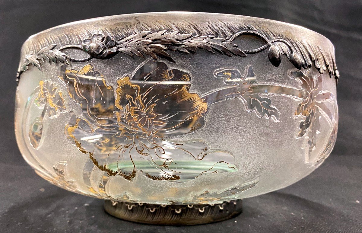 Daum Nancy - Anemones - Glass Cup Cleared With Acid, Enhanced With Gold, Silver Strapping
