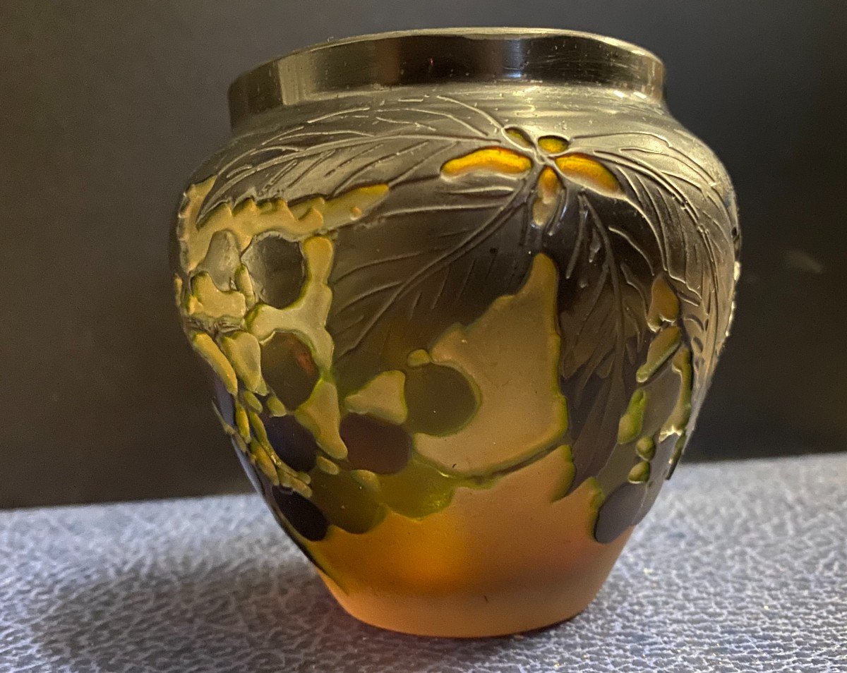 Galle- Vase En Pâte De Verre Dégagé à l'Acide à Décor d'églantiers- XX Ième-photo-4