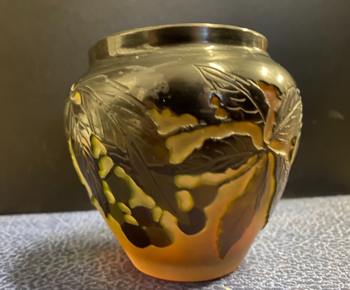 Galle- Vase En Pâte De Verre Dégagé à l'Acide à Décor d'églantiers- XX Ième