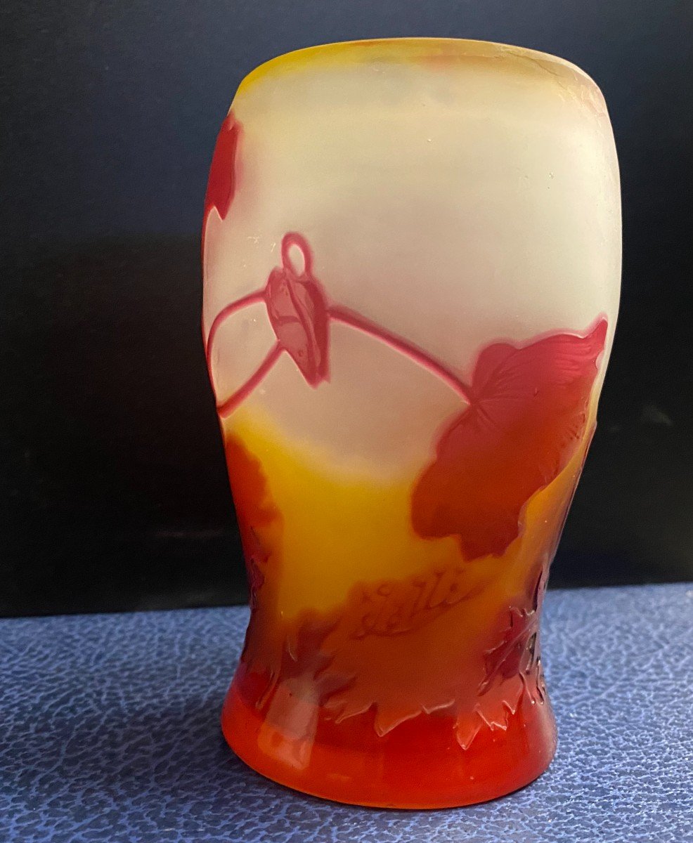 Galle- Vase En Verre Multicouche Dégagé à l'Acide- Papavéracées- XX Ième-photo-4