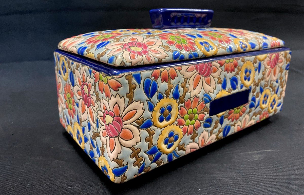 Longwy - Biscuit Box In Enamels With Floral Decor - XXth Century-photo-3