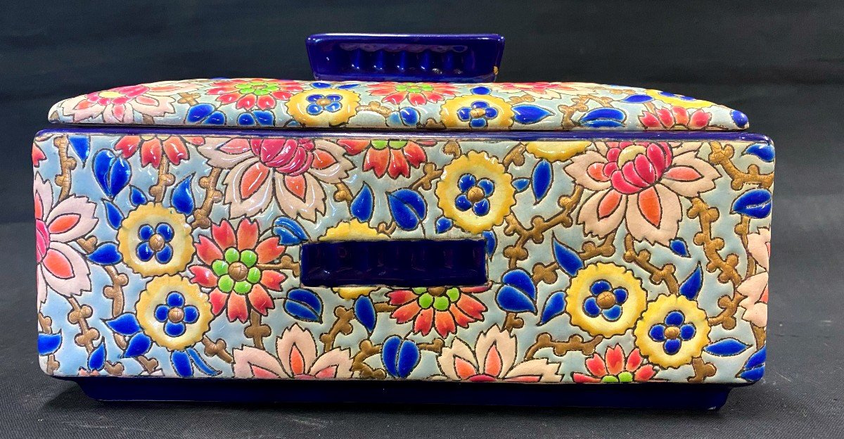 Longwy - Biscuit Box In Enamels With Floral Decor - XXth Century-photo-1