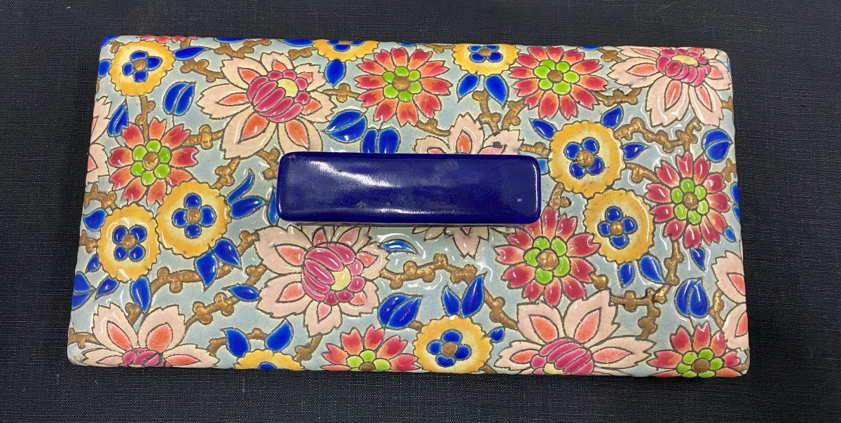 Longwy - Biscuit Box In Enamels With Floral Decor - XXth Century-photo-3