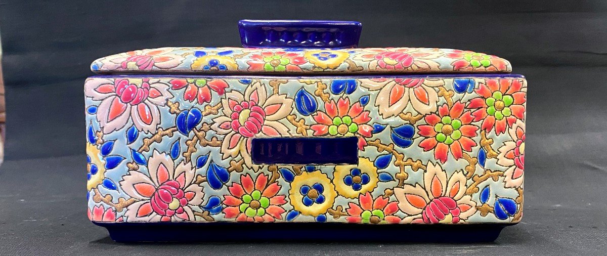 Longwy - Biscuit Box In Enamels With Floral Decor - XXth Century