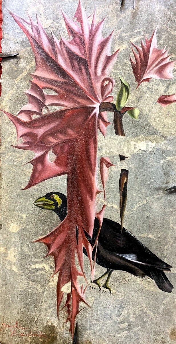 Joséphine Beaudouin - Peinture Sur Marbre Nature Morte à l'Oiseau - 20 ème