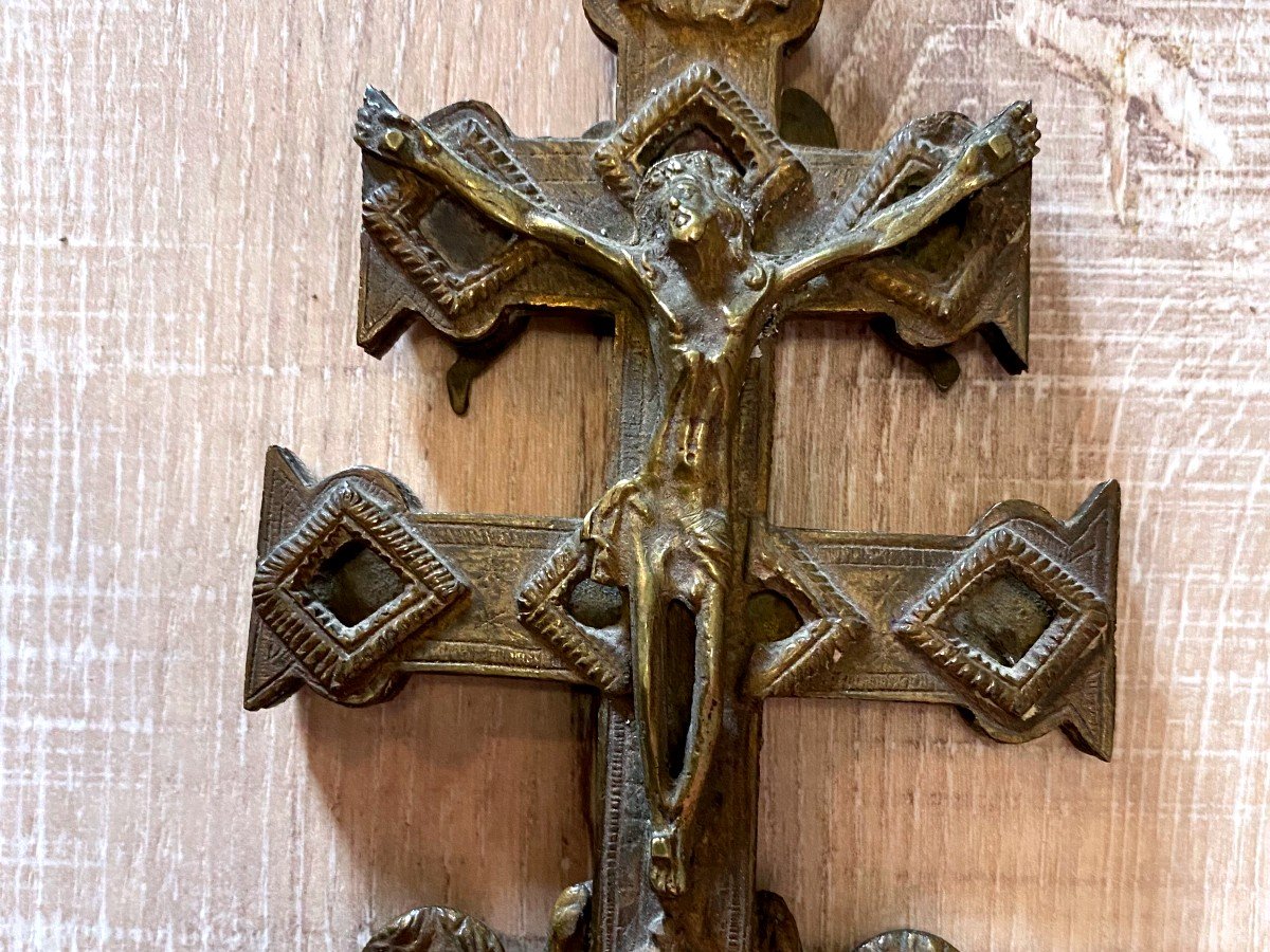 Croix Caravaca En Bronze Christ Et Angelots Fin 17 Ième -photo-3