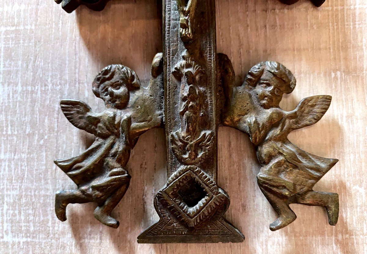 Croix Caravaca En Bronze Christ Et Angelots Fin 17 Ième -photo-4
