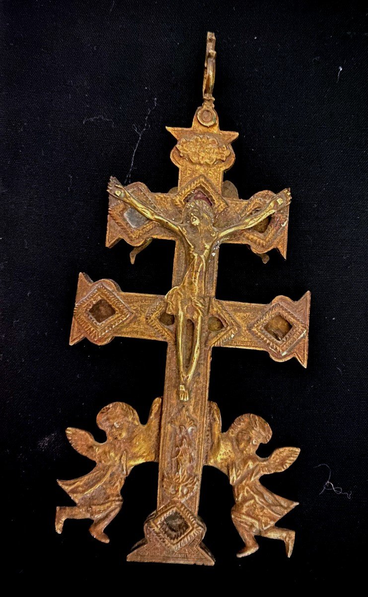 Croix Caravaca En Bronze Christ Et Angelots Fin 17 Ième 