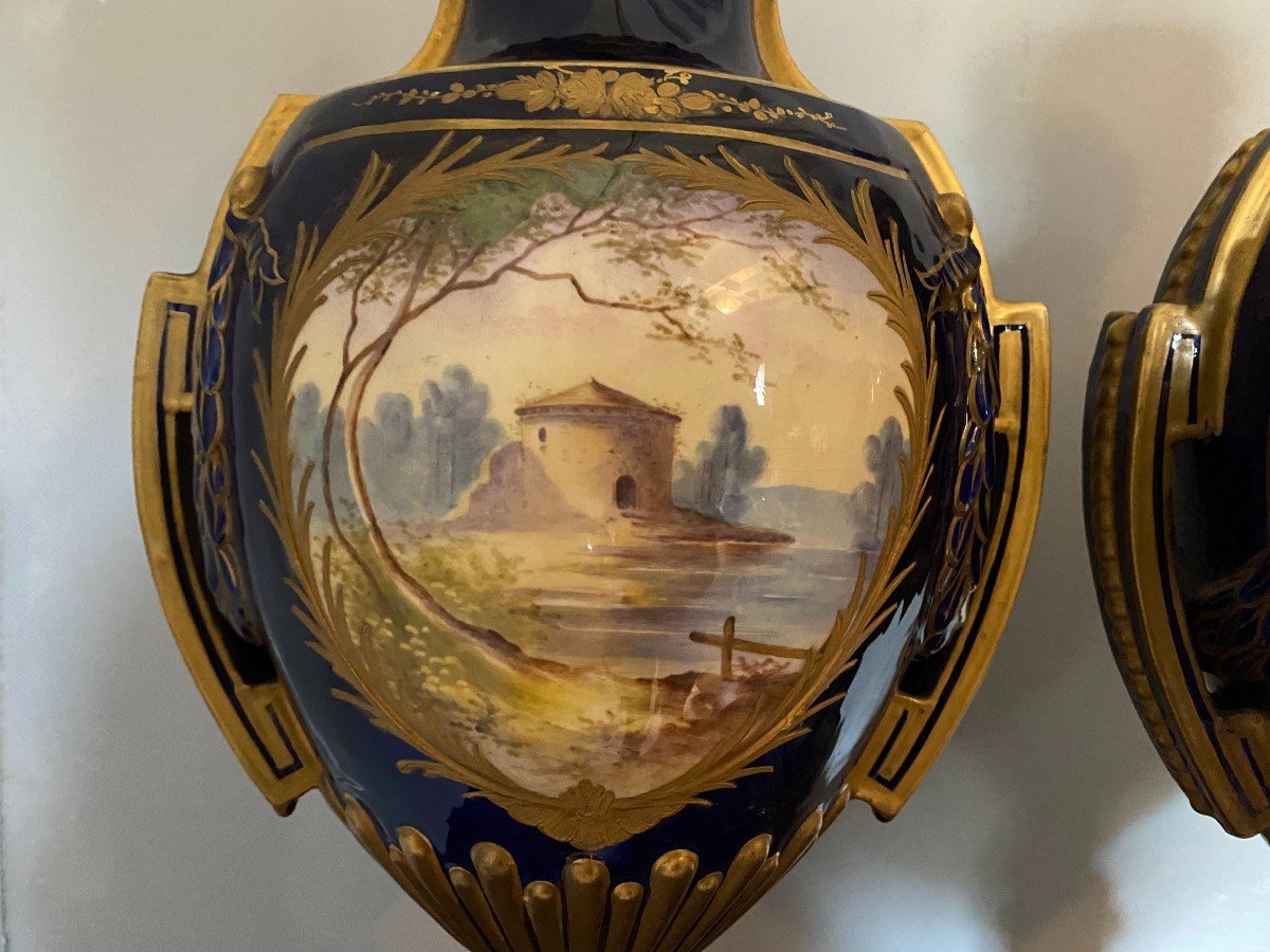 Pair Of Bleu De Sèvres Porcelain Vases, Napoleon III Period-photo-4