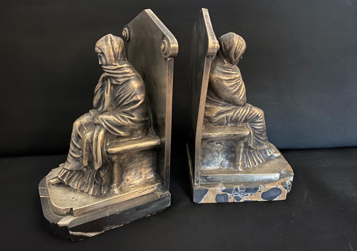 Pair Of Bookends In Silvered Bronze Late 19th Early 20th Century Signed-photo-1