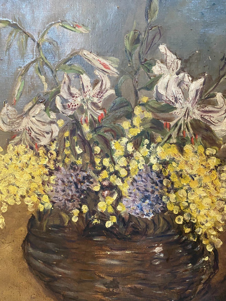 Lainé - Still Life With Mimosas And Iris 19th - Oil On Canvas-photo-4