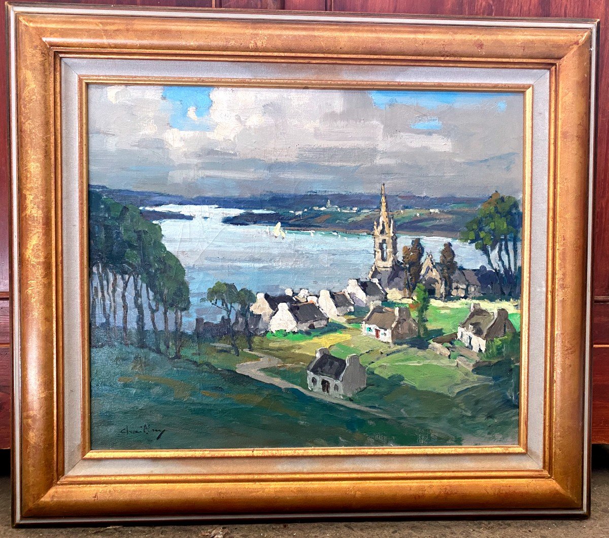 Peaceful Village By The Water - Oil On Canvas - 20th Century