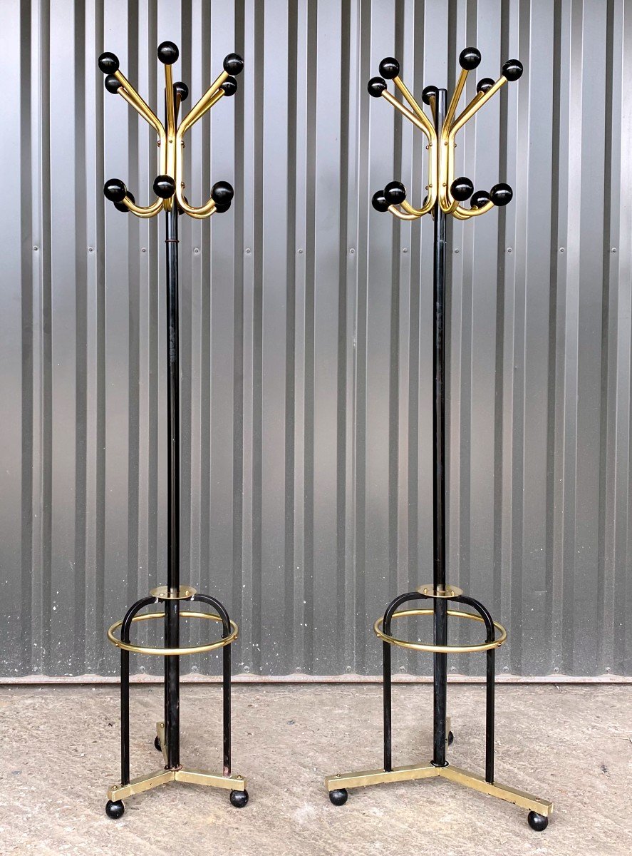 Pair Of Designer Coat Racks In Black And Gold Lacquered Metal - 1970s-photo-1