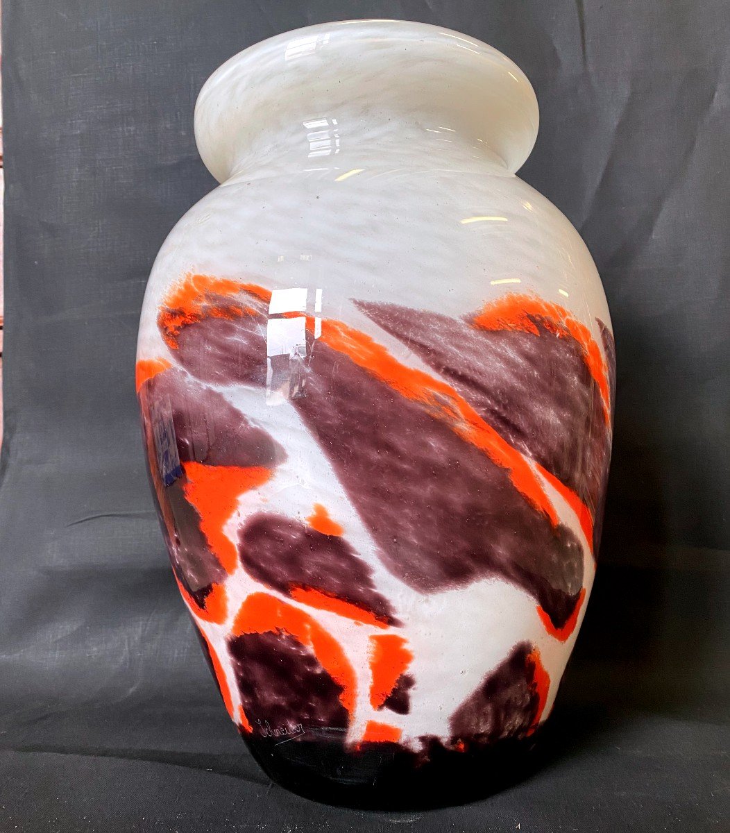 Large Schneider Vase In Glass Paste With Marmonean Decor - 20th Century